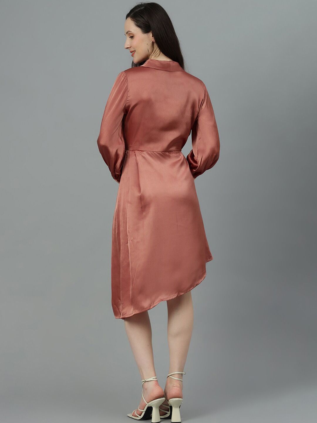 Kotty Copper Toned V Neck Bishop Sleeves Satin Pleated Fit & Flare Dress