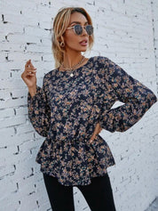 Kotty Blue Floral Printed Satin Cinched Waist Top