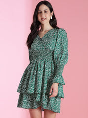 Kotty Women PrintedBishop Sleeve Crepe Fit & Flare Mini Dress