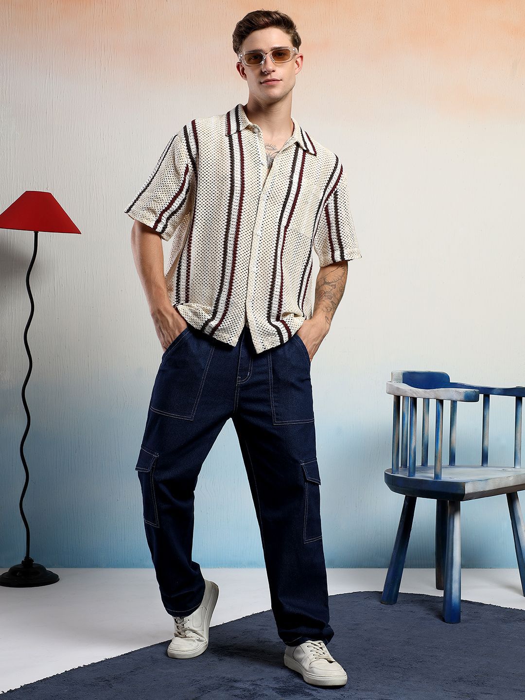 Kotty Vertical Stripes Cotton Spread Collar Short Sleeves Shirt