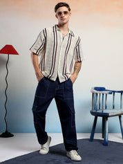 Kotty Vertical Stripes Cotton Spread Collar Short Sleeves Shirt