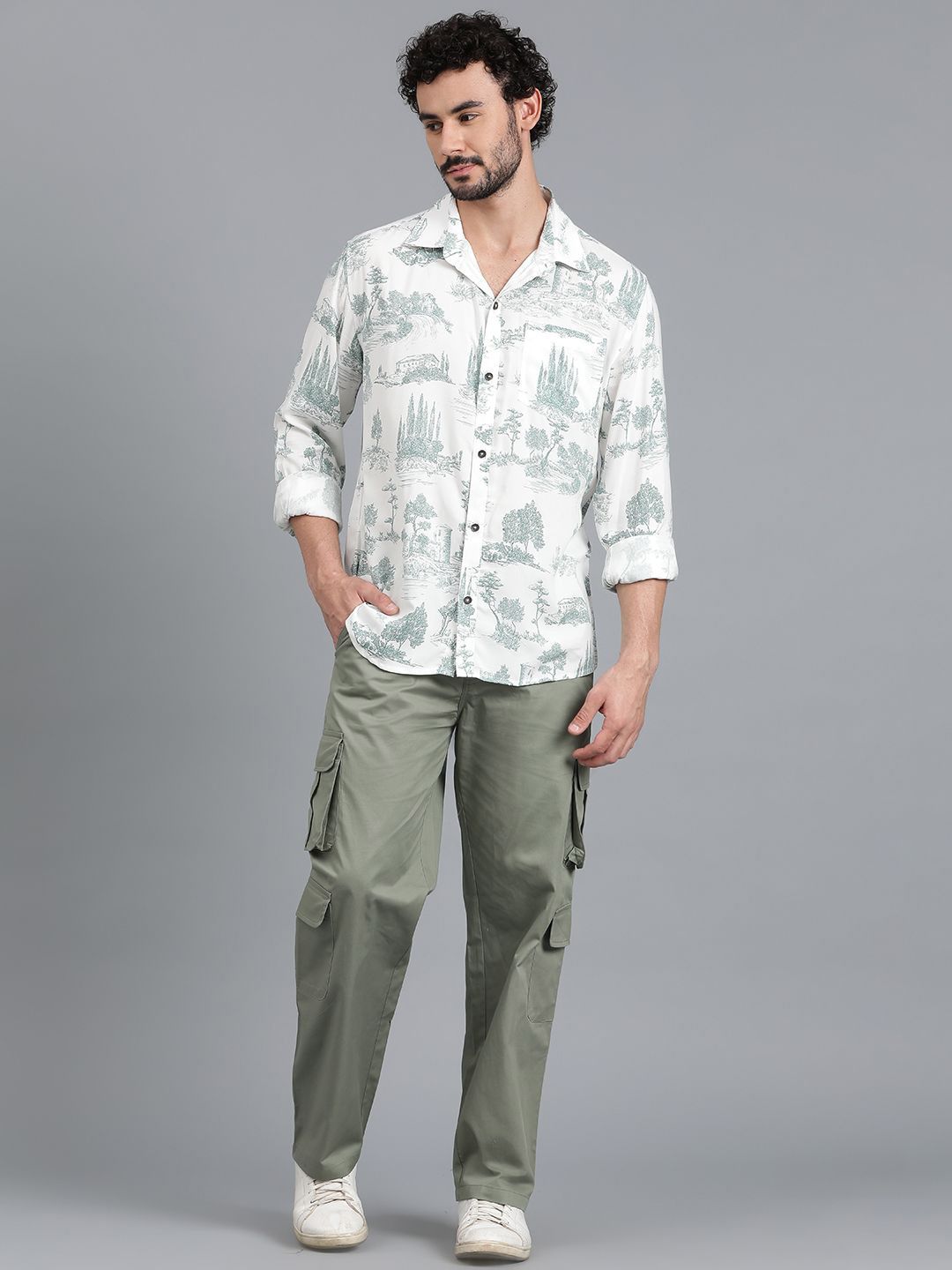 Kotty Men Cuban Collar Graphic Printed Cotton Casual Shirt