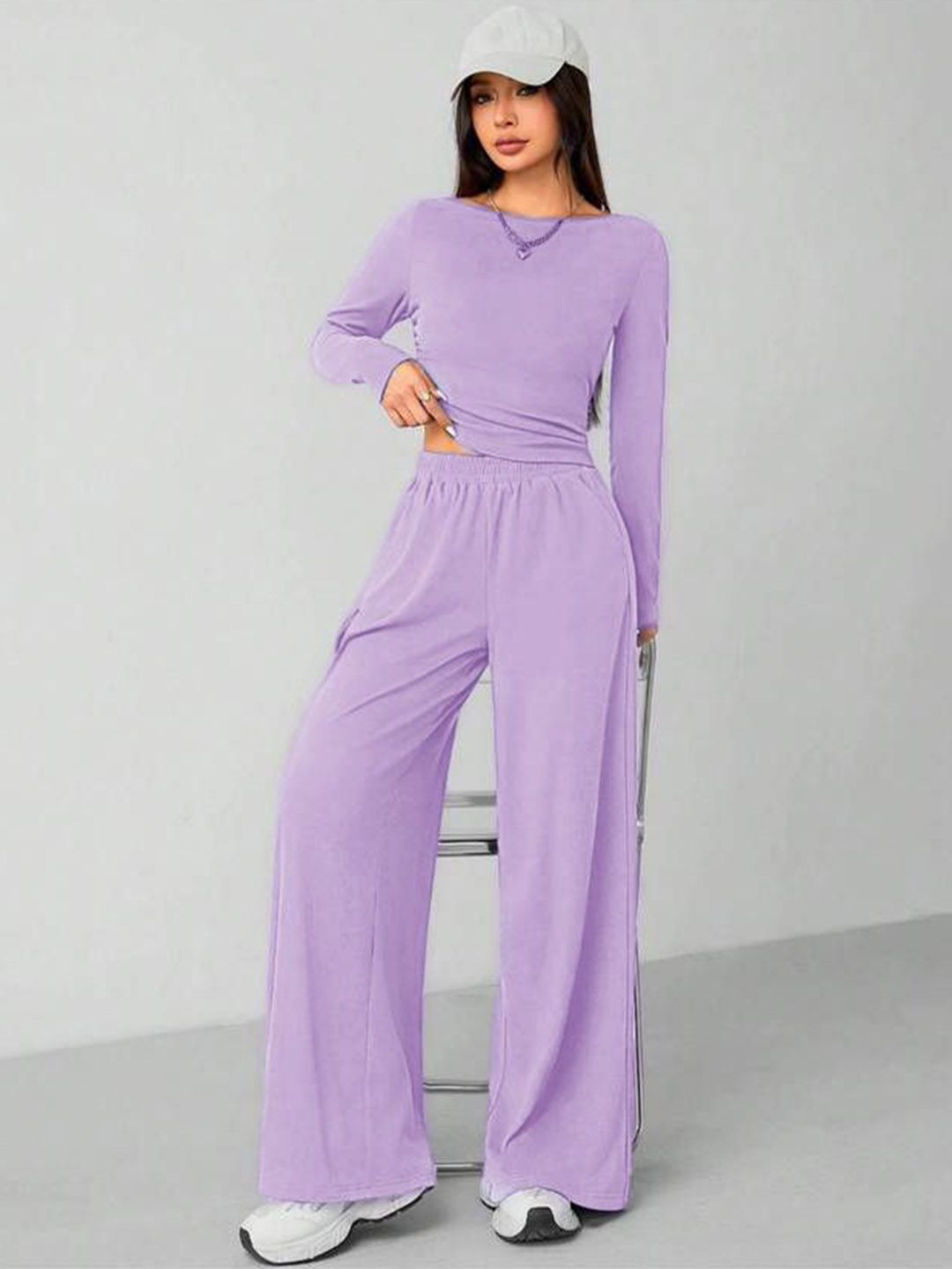 Kotty Round Long Sleeve Crop Top With Wide-Leg Trousers Co-Ords