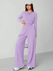 Kotty Round Long Sleeve Crop Top With Wide-Leg Trousers Co-Ords