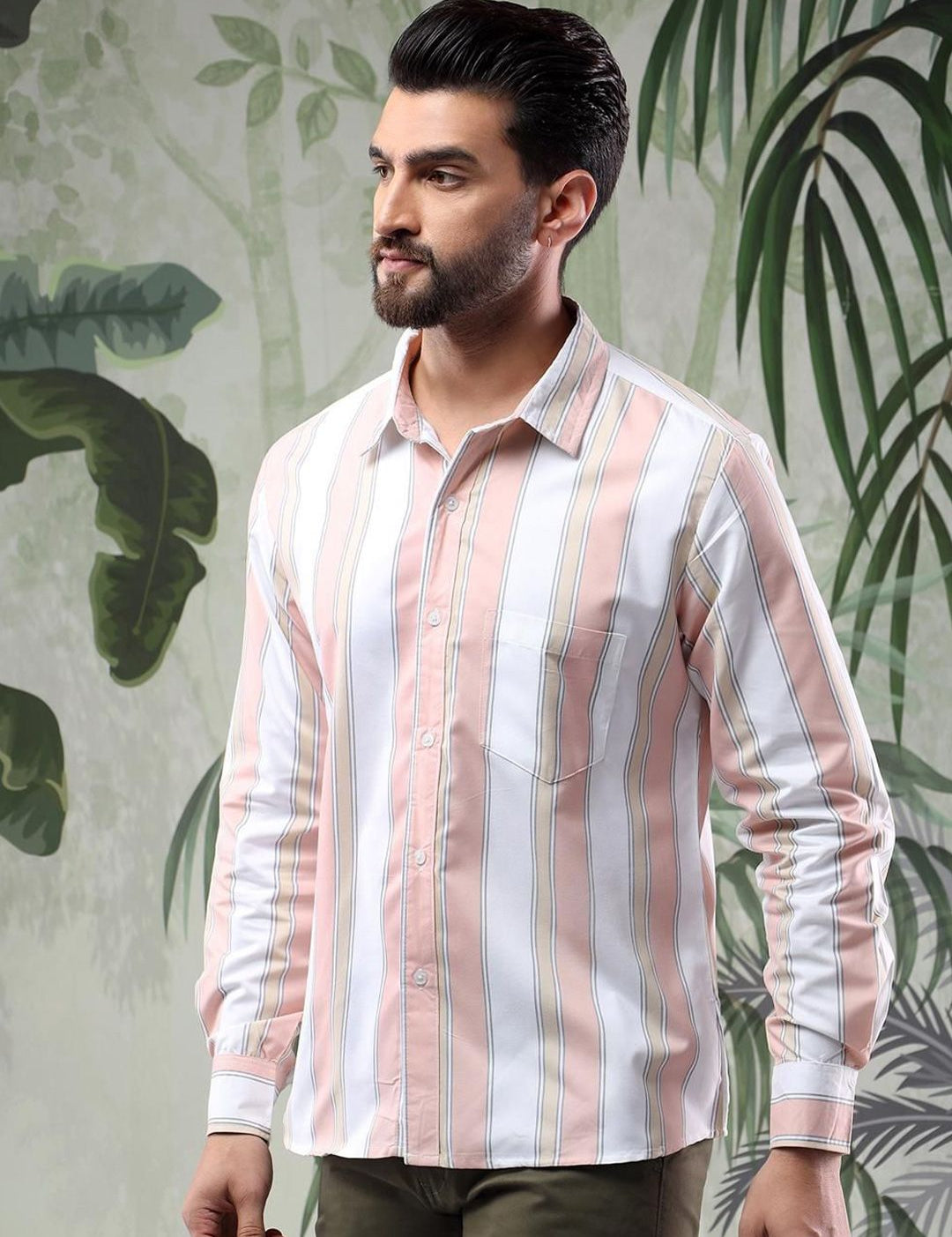 Kotty Men Spread Collar Vertical Striped Casual Shirt