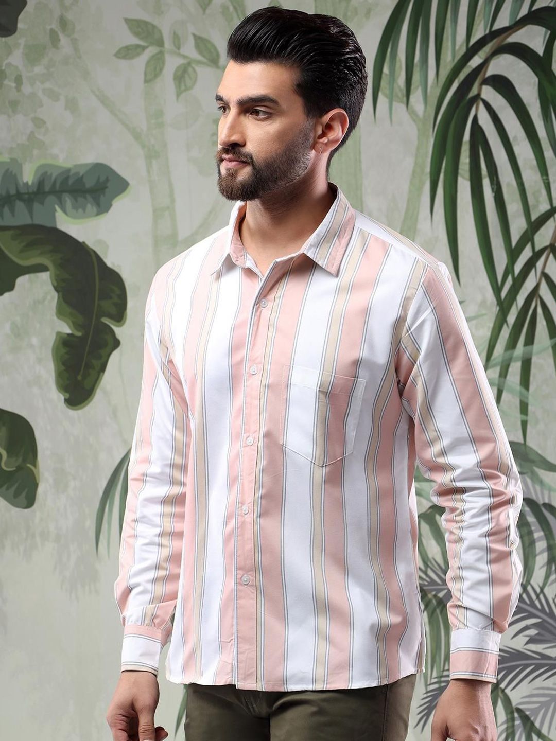 Kotty Men Spread Collar Vertical Striped Casual Shirt
