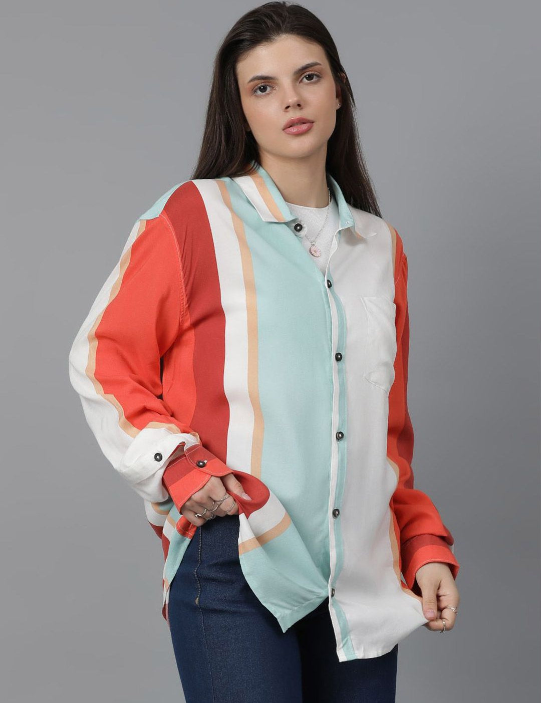 Kotty Women Spread Collar Colourblocked Cotton Oversized Casual Shirt