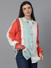 Kotty Women Spread Collar Colourblocked Cotton Oversized Casual Shirt