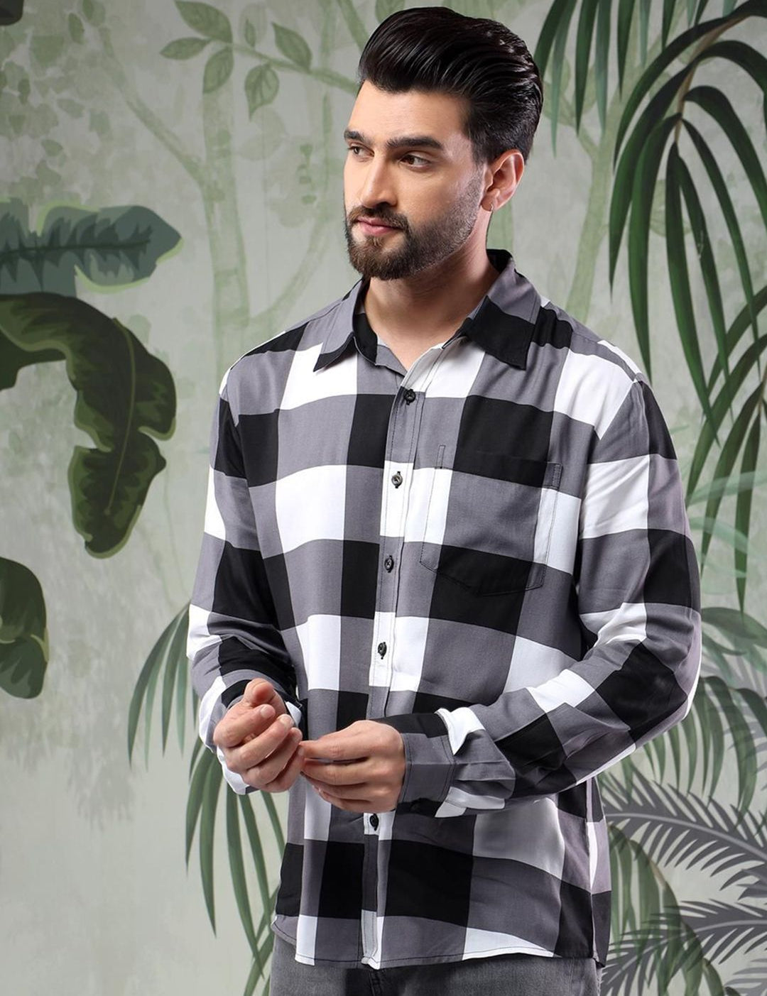 Kotty Men Spread Collar Gingham Checked Cotton Casual Shirt