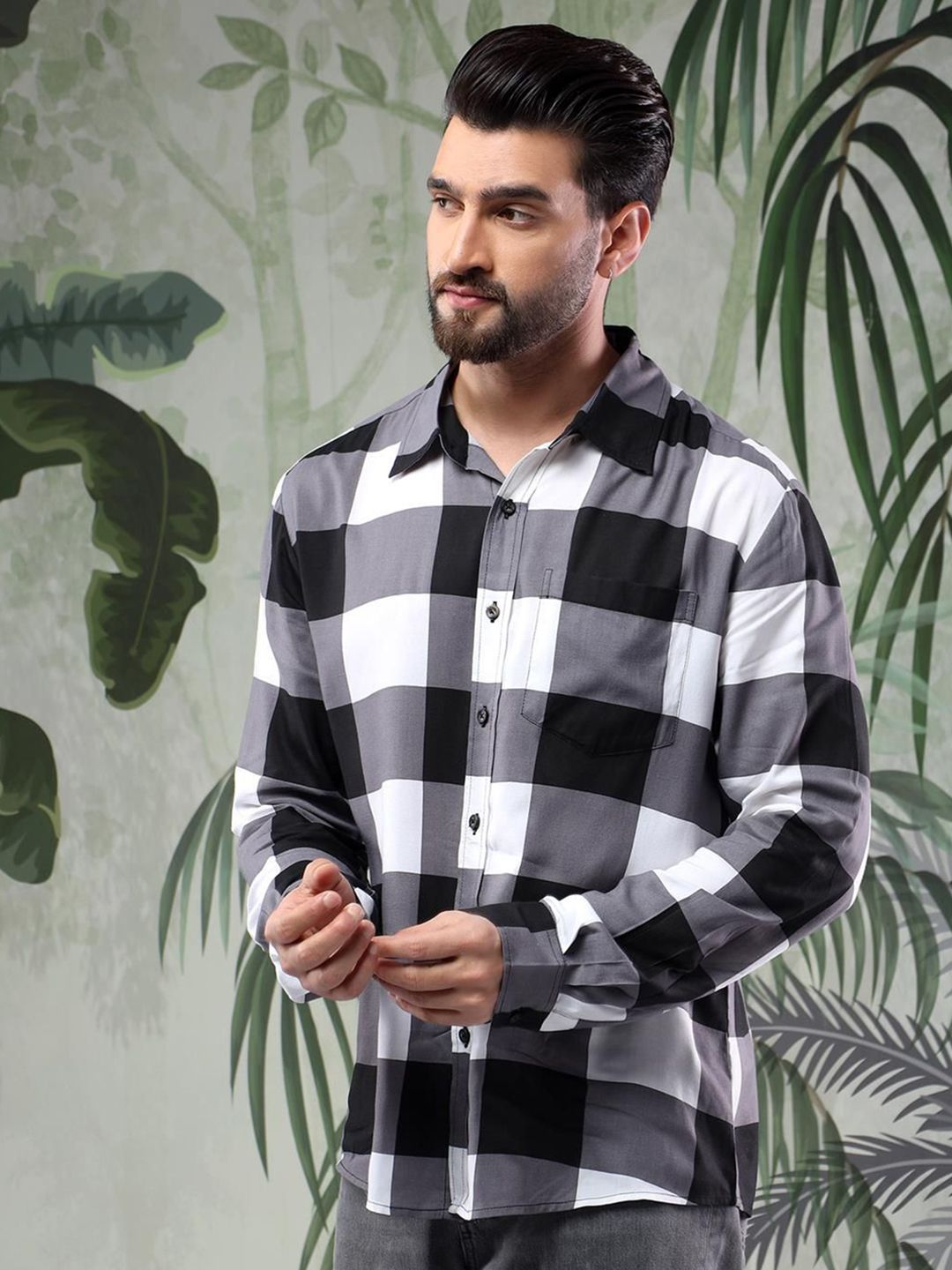 Kotty Men Spread Collar Gingham Checked Cotton Casual Shirt