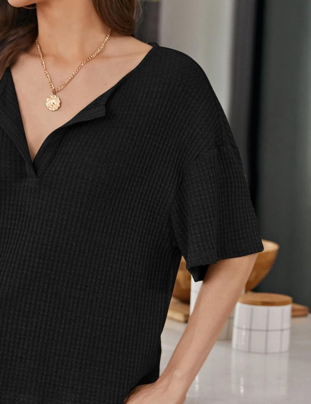 Kotty Black Self Design Top With Shorts