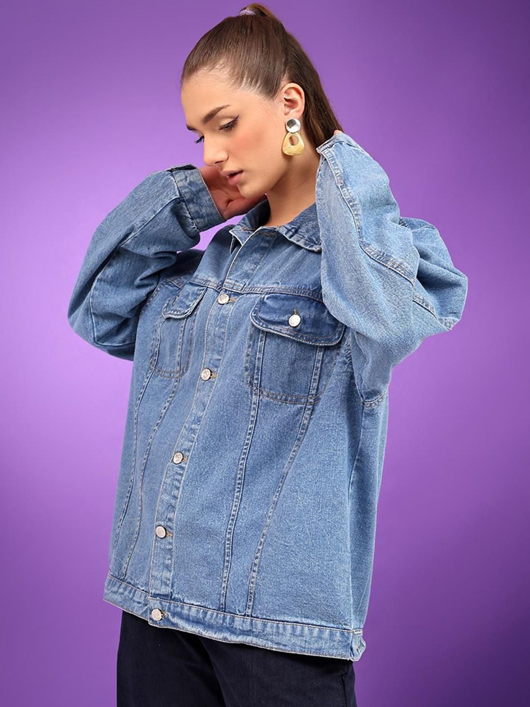 Kotty Women Spread Collar Solid Casual Denim Jacket
