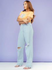 Kotty Women Jean Straight Fit High-Rise Slash Knee Stretchable Jeans