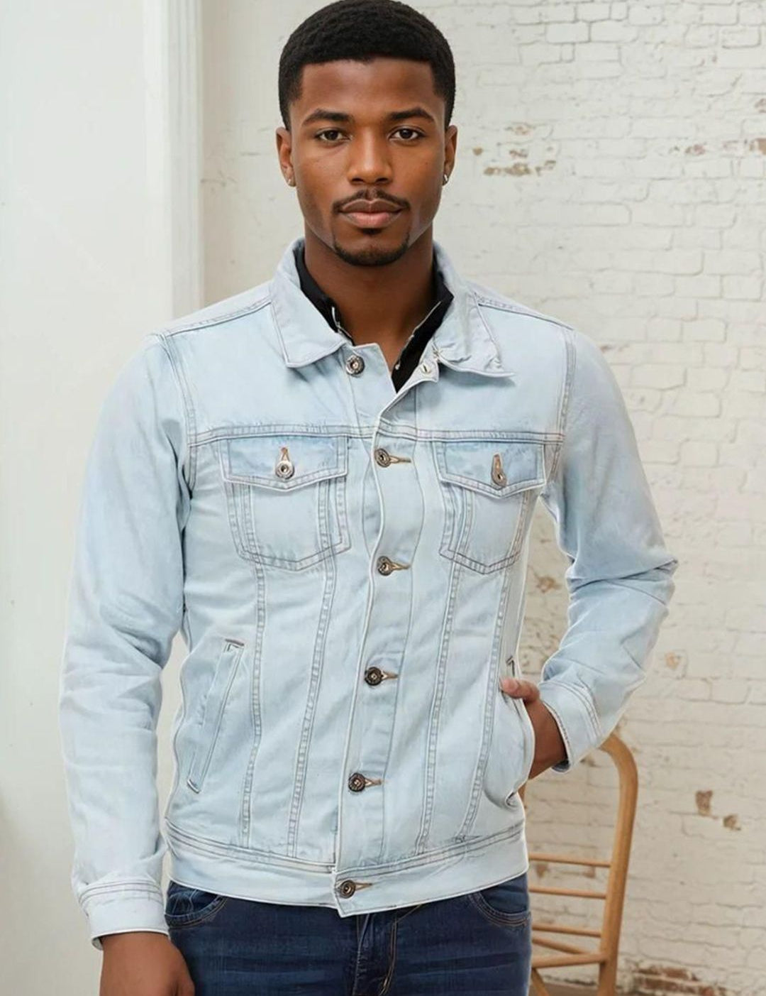 Kotty Men Spread Collar Solid Denim Jacket