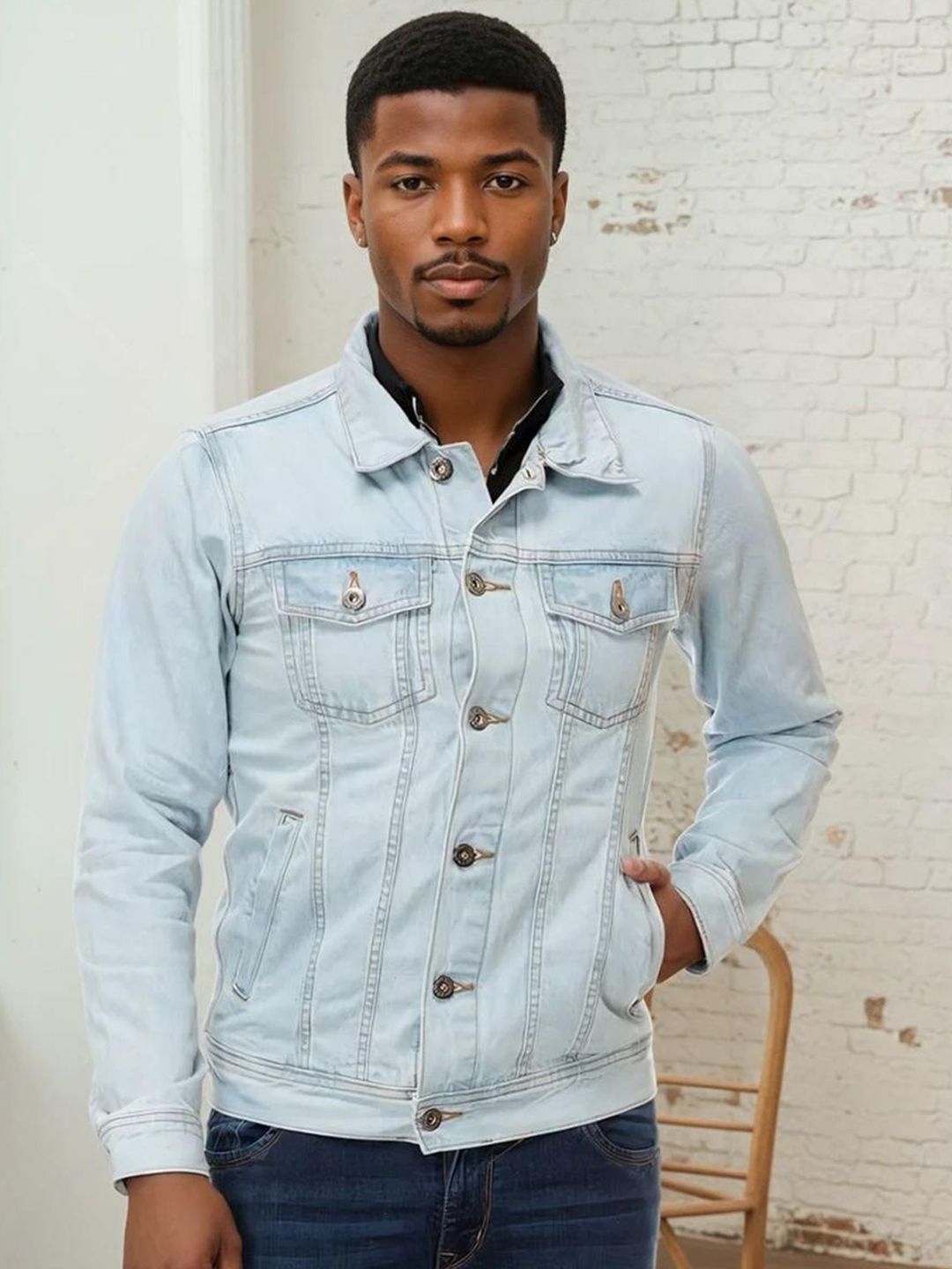 Kotty Men Spread Collar Solid Denim Jacket