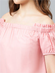 Kotty Pink Off-Shoulder Puff Sleeves Bardot Top
