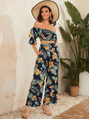 Kotty Navy Blue Printed Off Shoulder Top With Trouser  