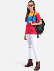 Kotty Women Red & Blue Colourblocked Boat Neck T-shirt