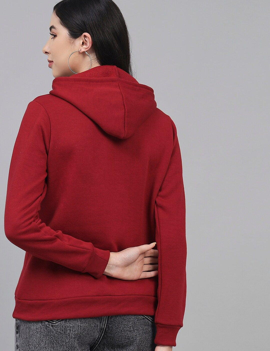 Kotty Women Maroon Printed Hooded Fleece Sweatshirt