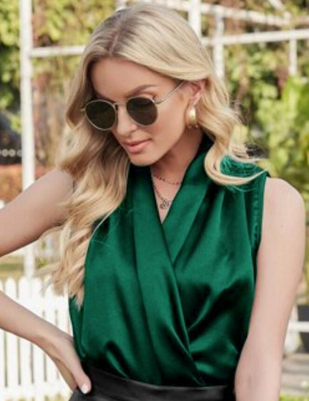 Kotty Green V-Neck Gathered Satin Wrap Top