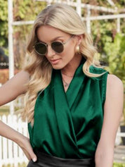Kotty Green V-Neck Gathered Satin Wrap Top