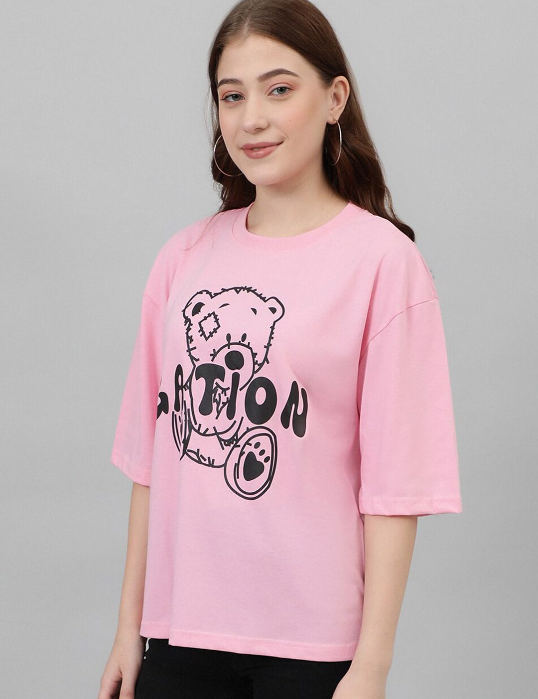 Kotty Graphic Printed Drop-Shoulder Sleeves Oversized Casual T-shirt