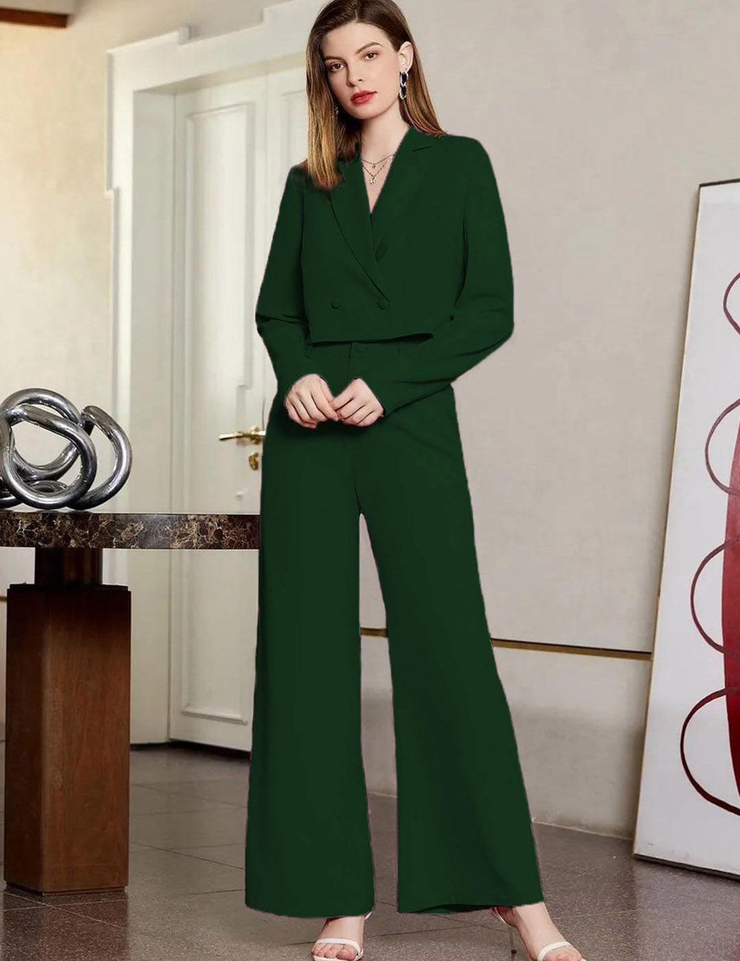 KOTTY BIZwear Green Notched Lapel Collar Top With Trousers