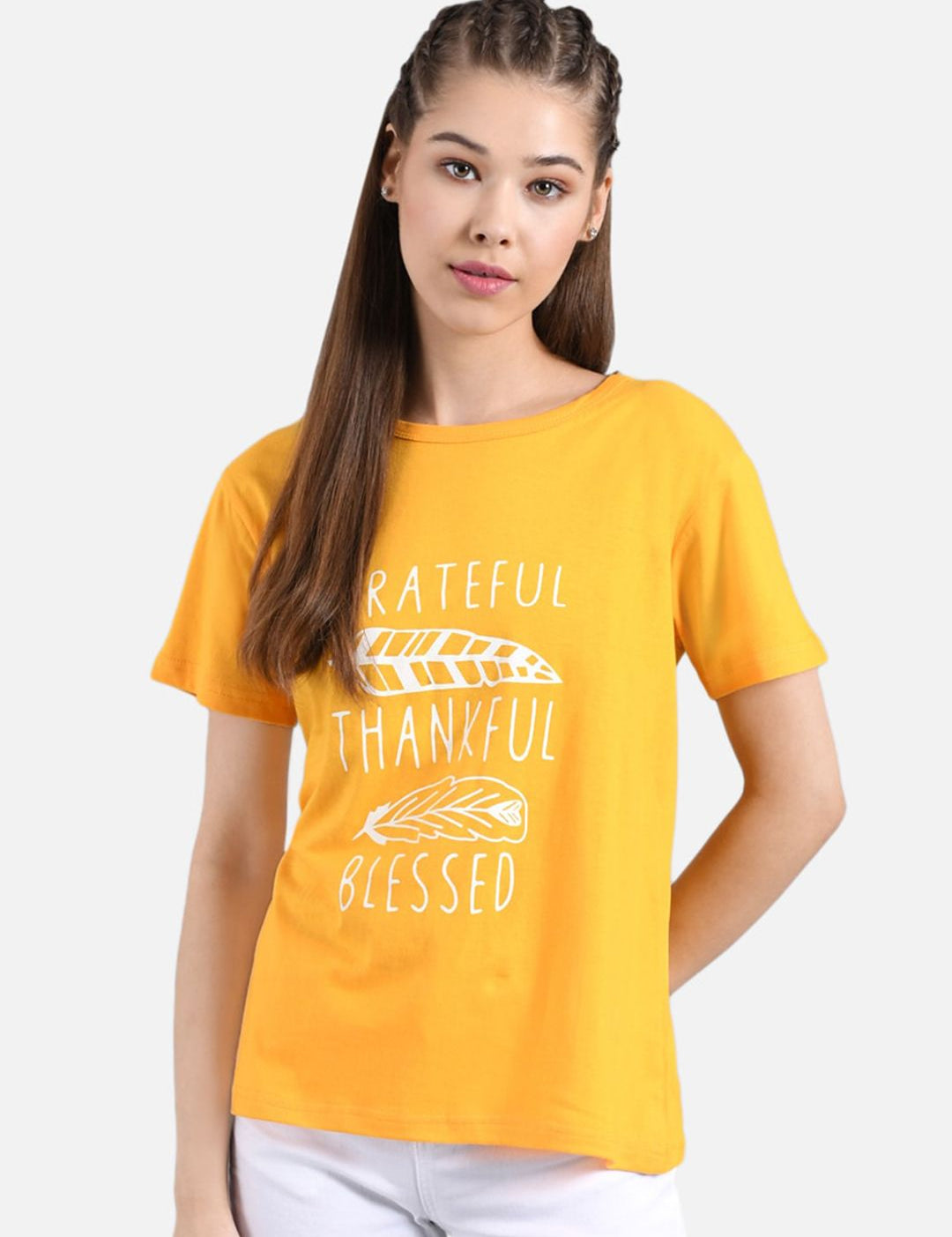Kotty Women Yellow Printed Round Neck T-shirt