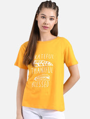 Kotty Women Yellow Printed Round Neck T-shirt