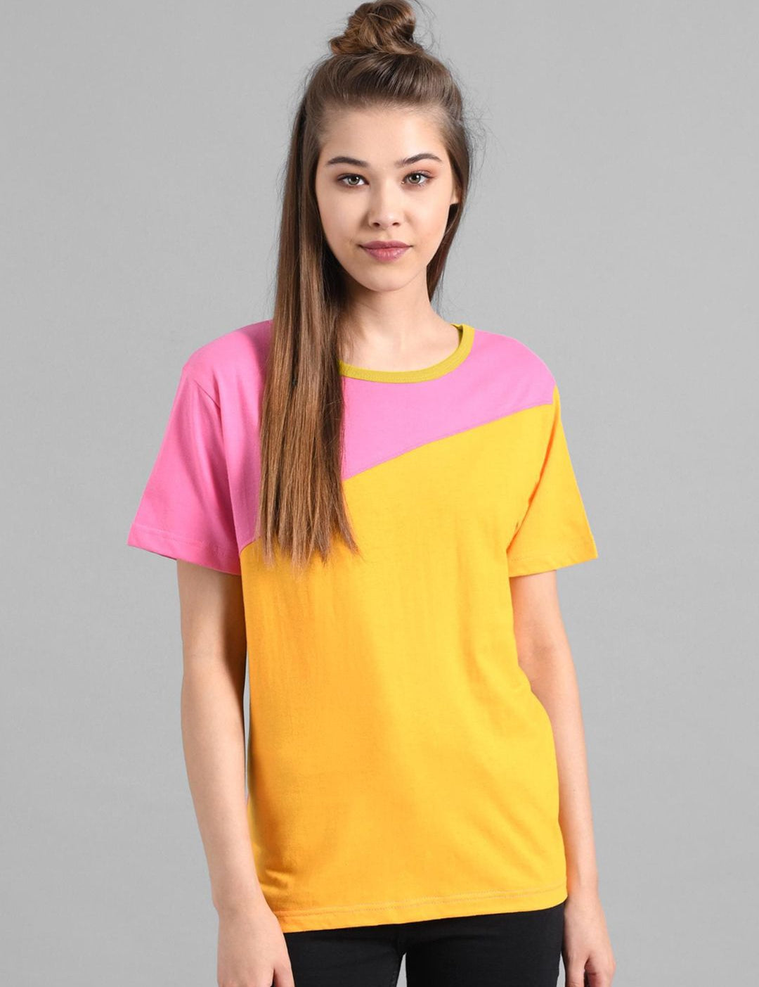Kotty Women Yellow & Pink Colourblocked T-shirt