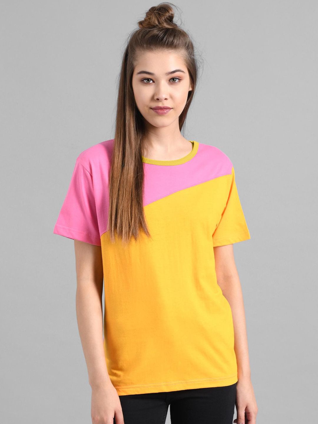 Kotty Women Yellow & Pink Colourblocked T-shirt