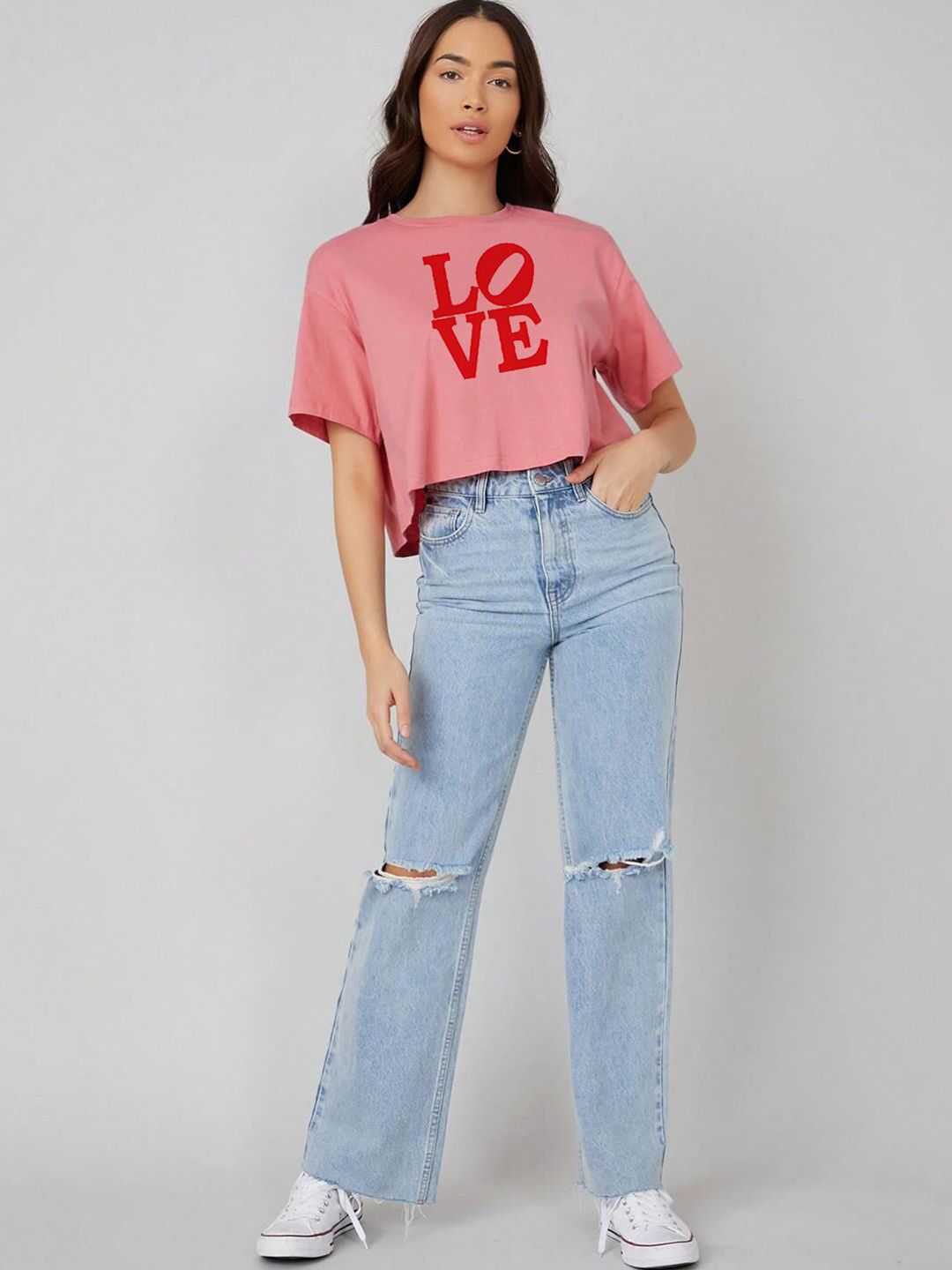 Kotty Pink Printed Round Neck Drop-Shoulder Sleeves Crop Oversized T-shirt