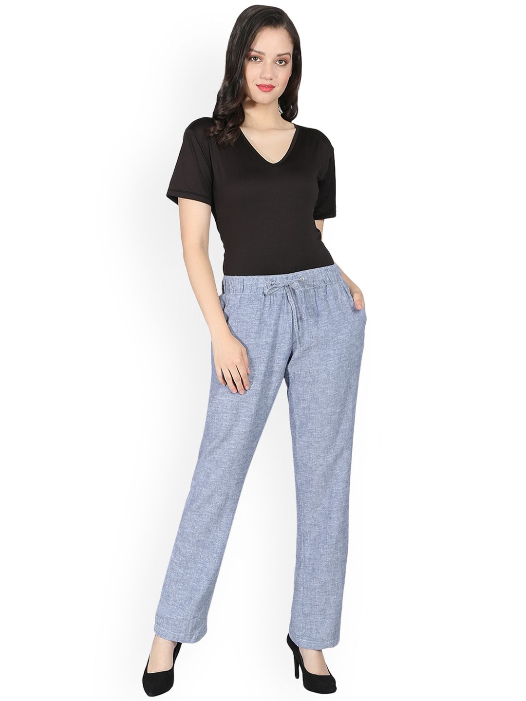 Kotty Women Blue Regular Fit Solid Linen Regular Trousers