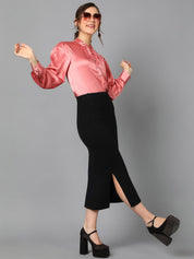 Kotty Pink Cuffed Sleeves Satin Shirt Style Top