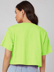 Kotty Round Neck Drop-Shoulder Sleeves Oversized Crop T-shirt