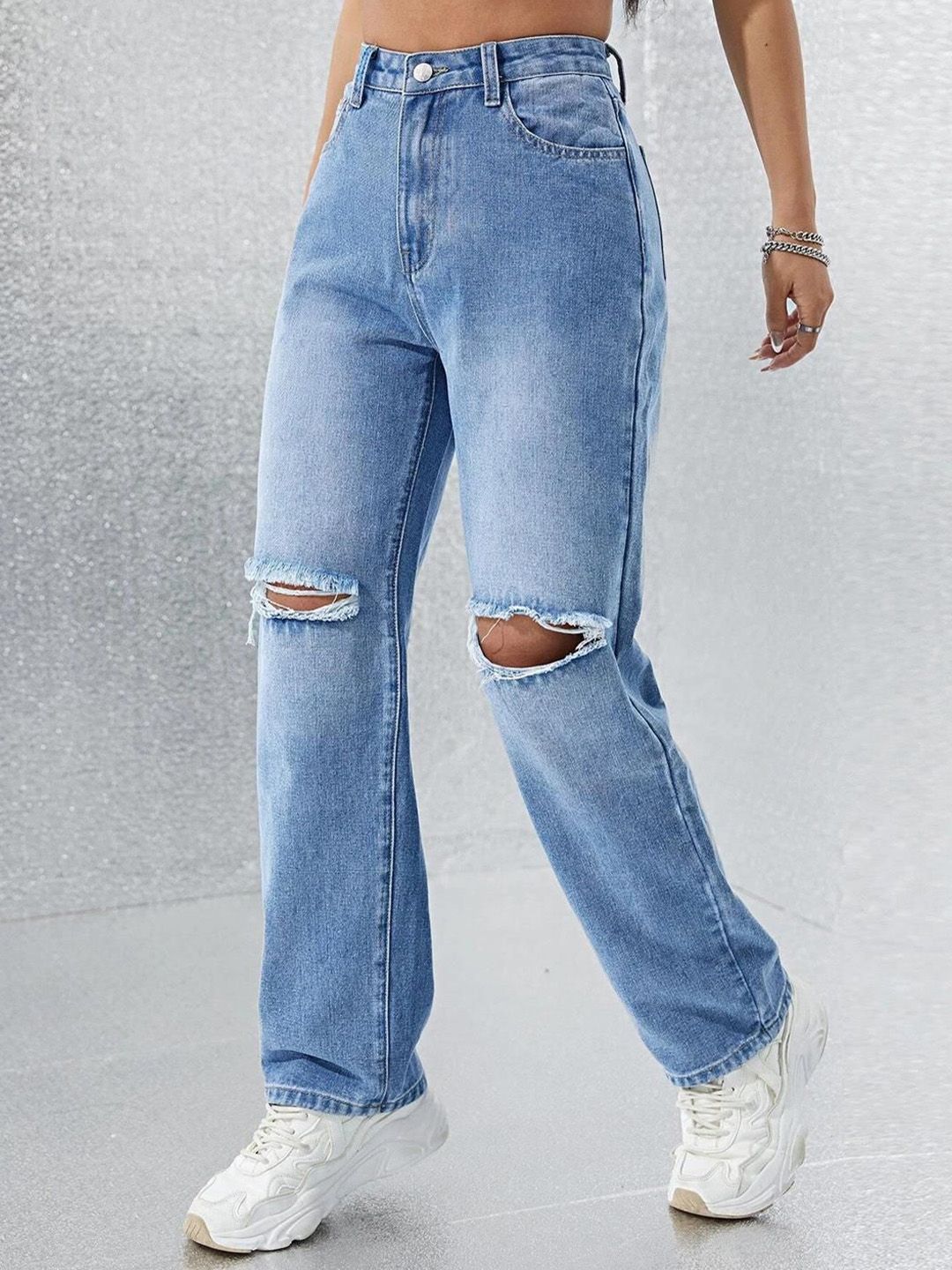 Kotty Women Straight Fit High-Rise Clean Look Light Fade Stretchable Jeans