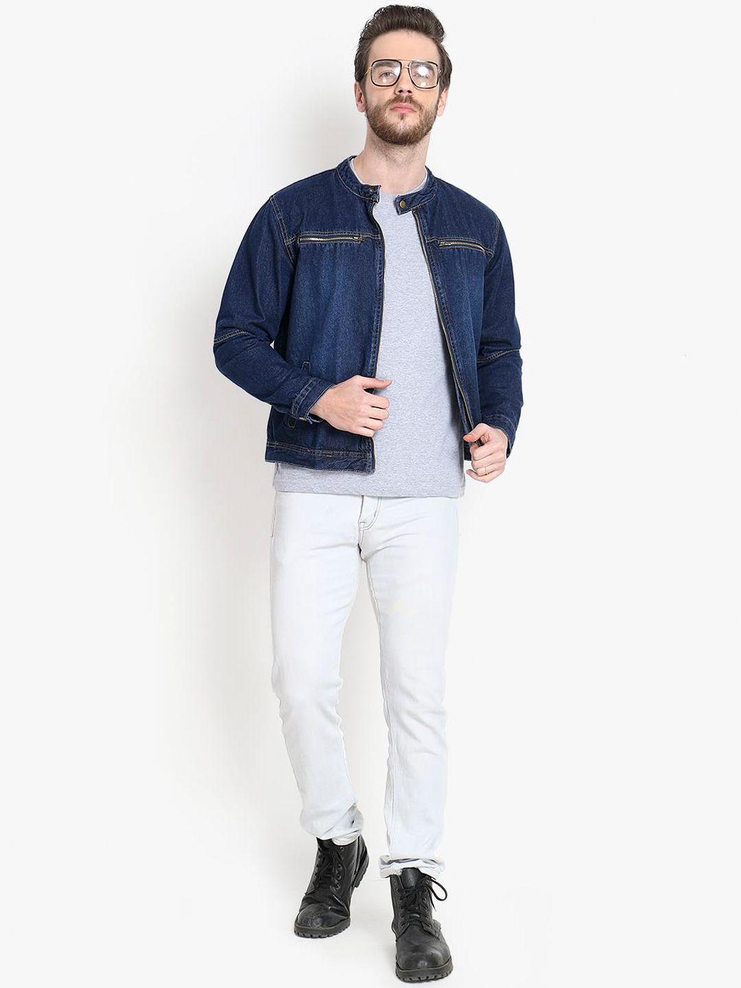 Kotty Men Navy Blue Solid Denim Jacket