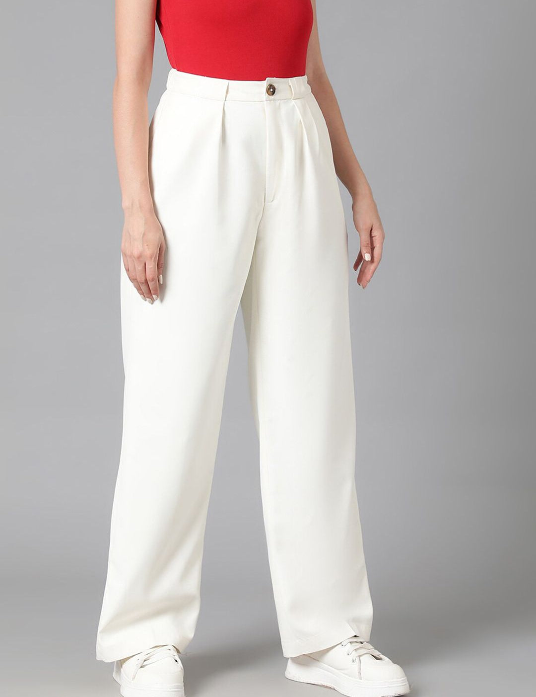 Kotty Women White Relaxed Straight Leg High-Rise Easy Wash Pleated Parallel Trousers