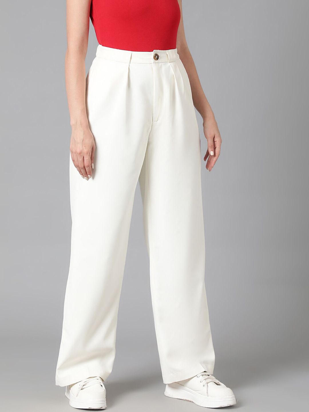 Kotty Women White Relaxed Straight Leg High-Rise Easy Wash Pleated Parallel Trousers
