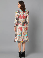 Kotty Off White & Black Ethnic Motifs Printed Puffed Sleeves A-Line Dress