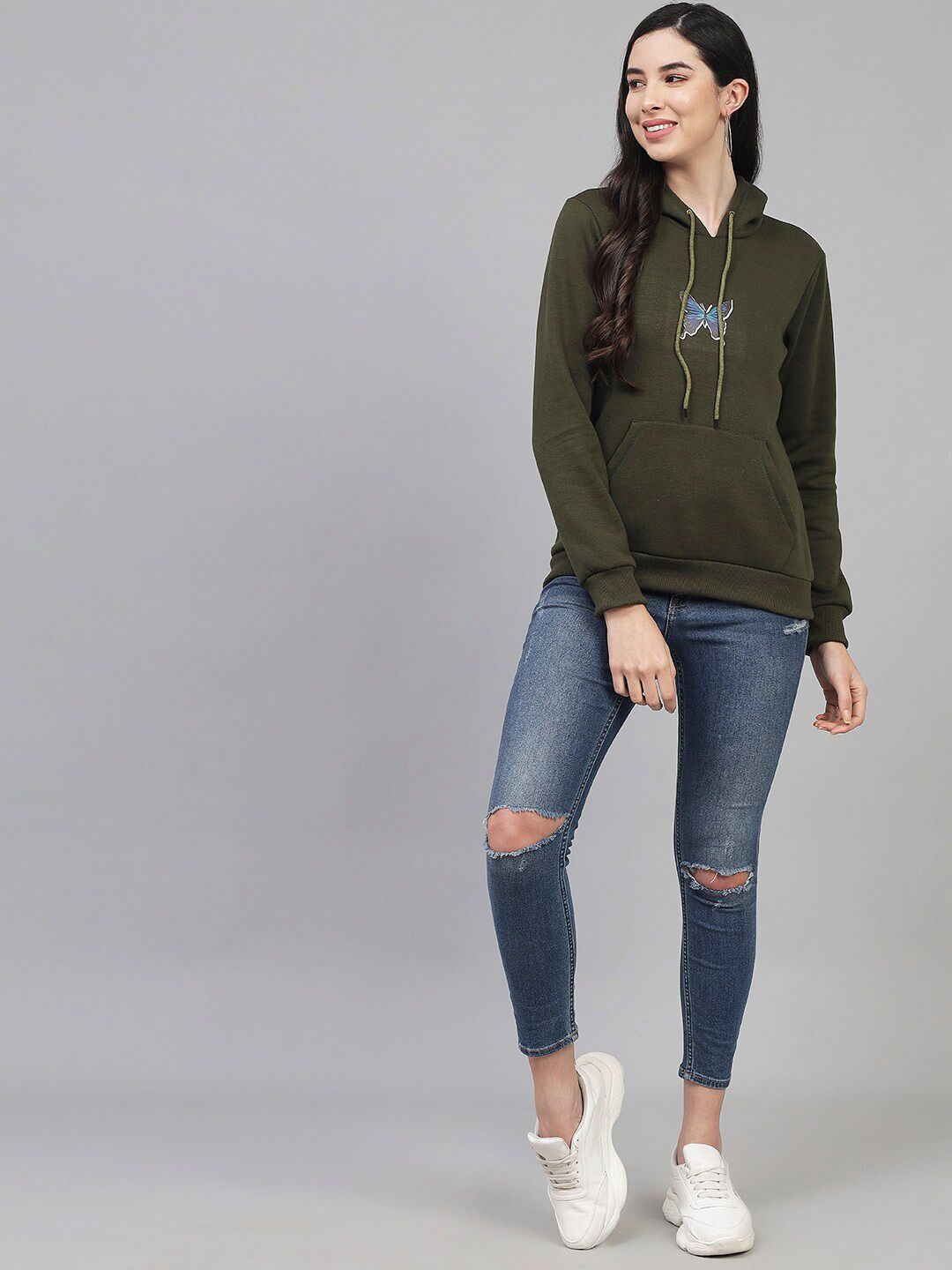 Kotty Women Olive Green Printed Hooded Sweatshirt