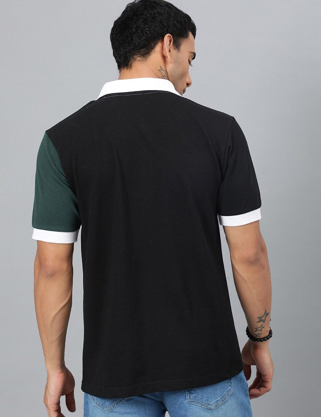 Kotty Black & White Colourblocked Polo Collar Cotton T-shirt