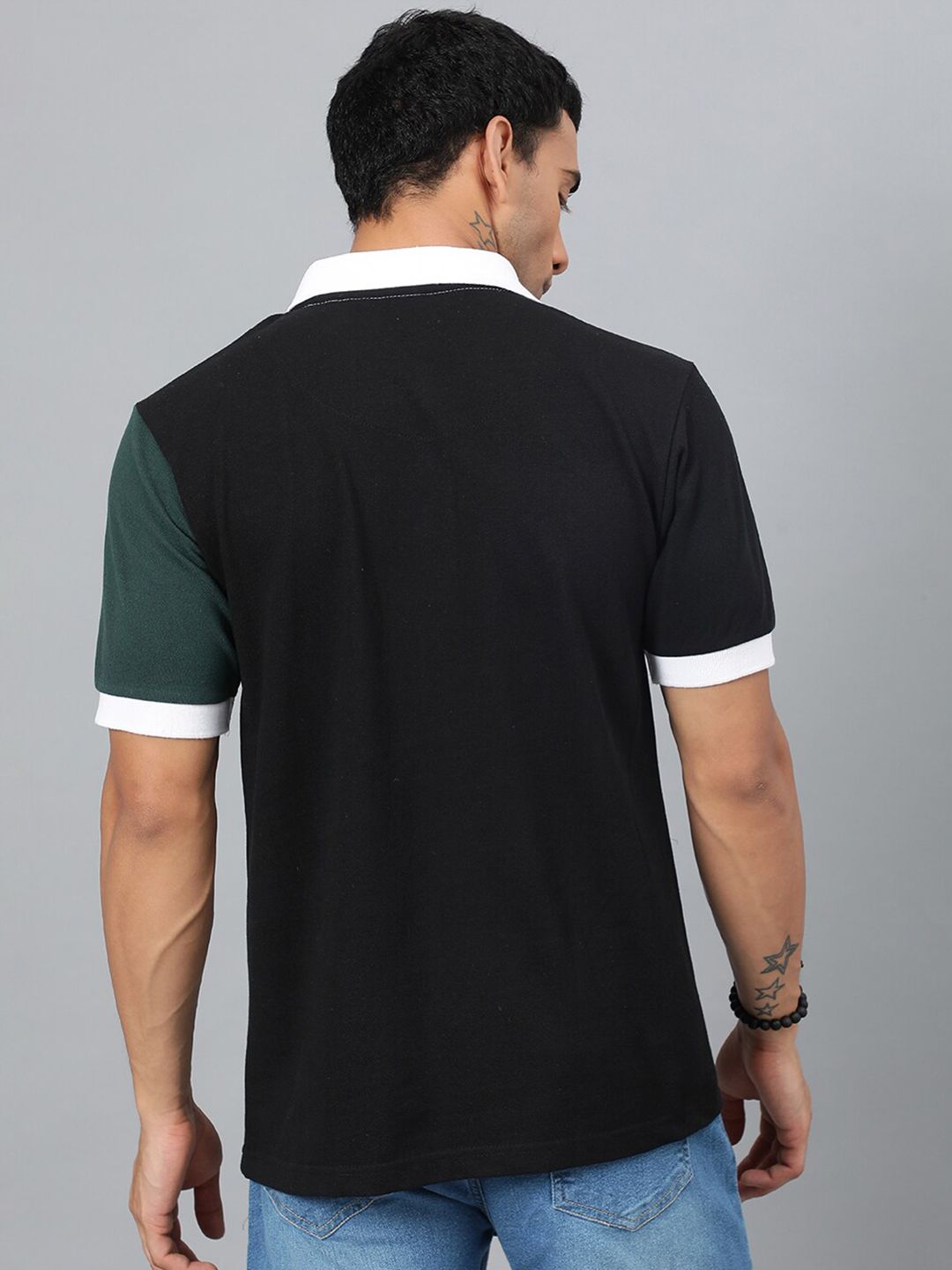 Kotty Black & White Colourblocked Polo Collar Cotton T-shirt