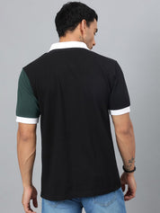 Kotty Black & White Colourblocked Polo Collar Cotton T-shirt