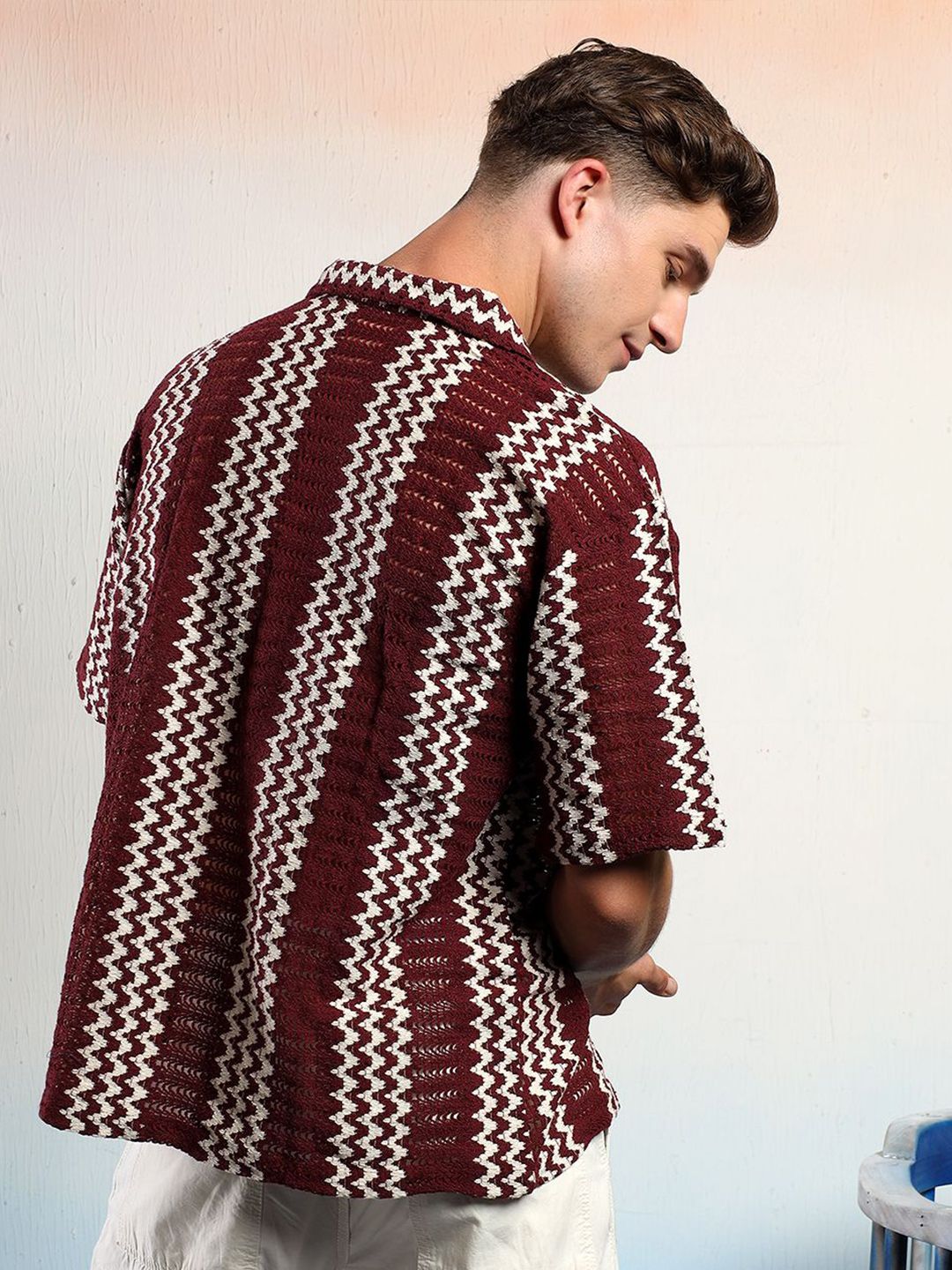 Kotty Men Vertical Stripes Self Design Cotton Sheer Casual Shirt