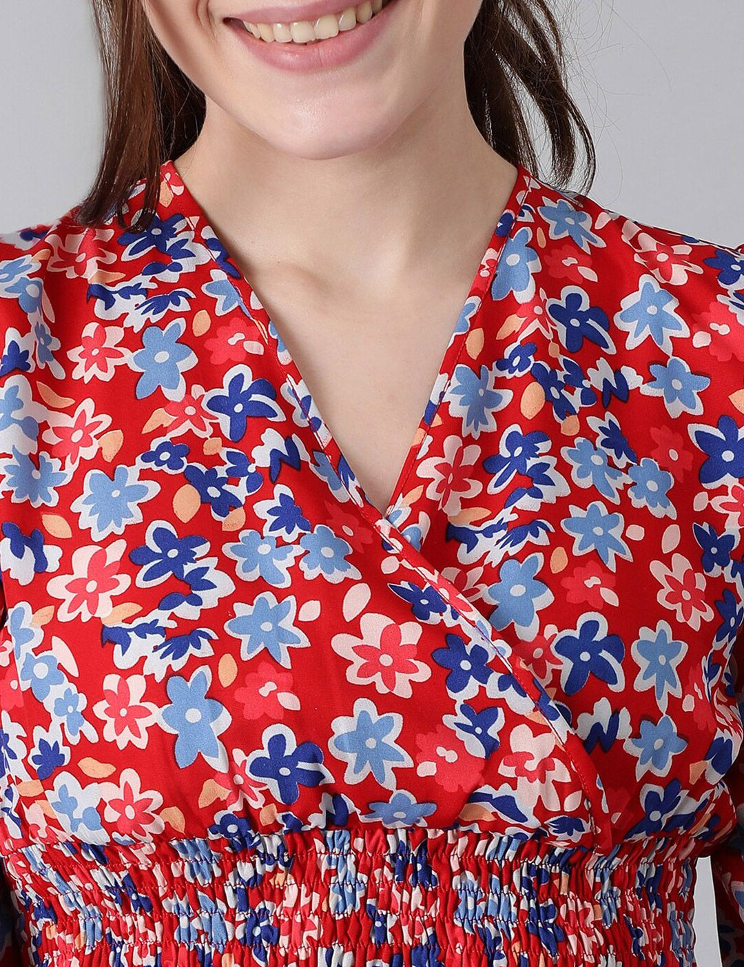 Kotty Red Floral Print Puff Sleeve Smocked Crepe Wrap Crop Top