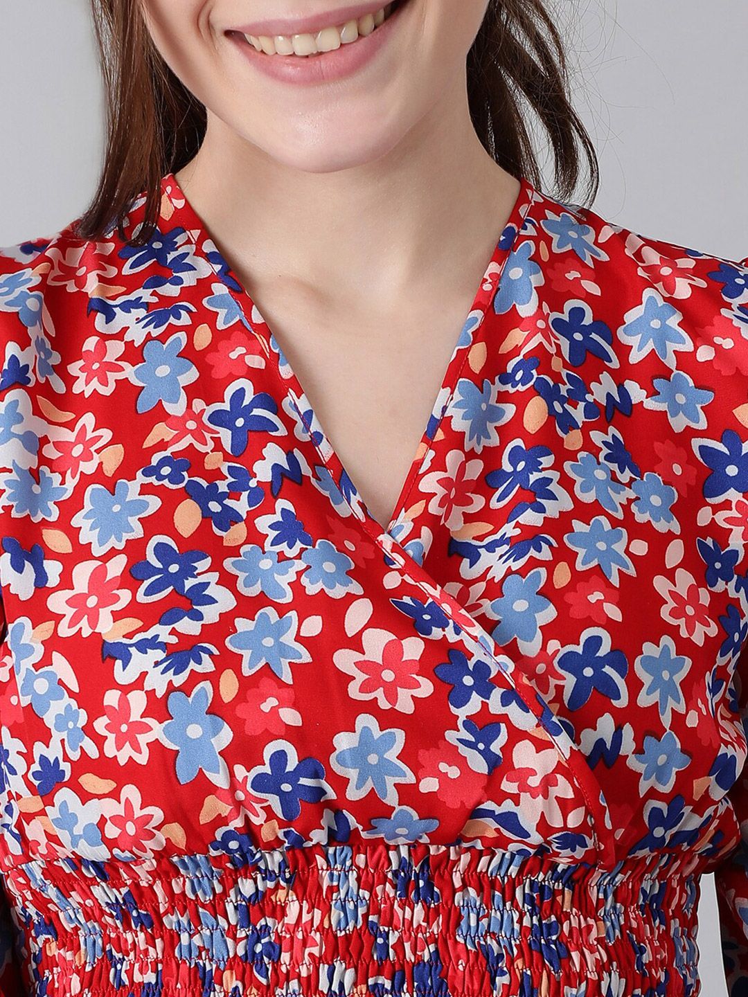 Kotty Red Floral Print Puff Sleeve Smocked Crepe Wrap Crop Top