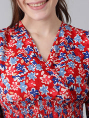 Kotty Red Floral Print Puff Sleeve Smocked Crepe Wrap Crop Top