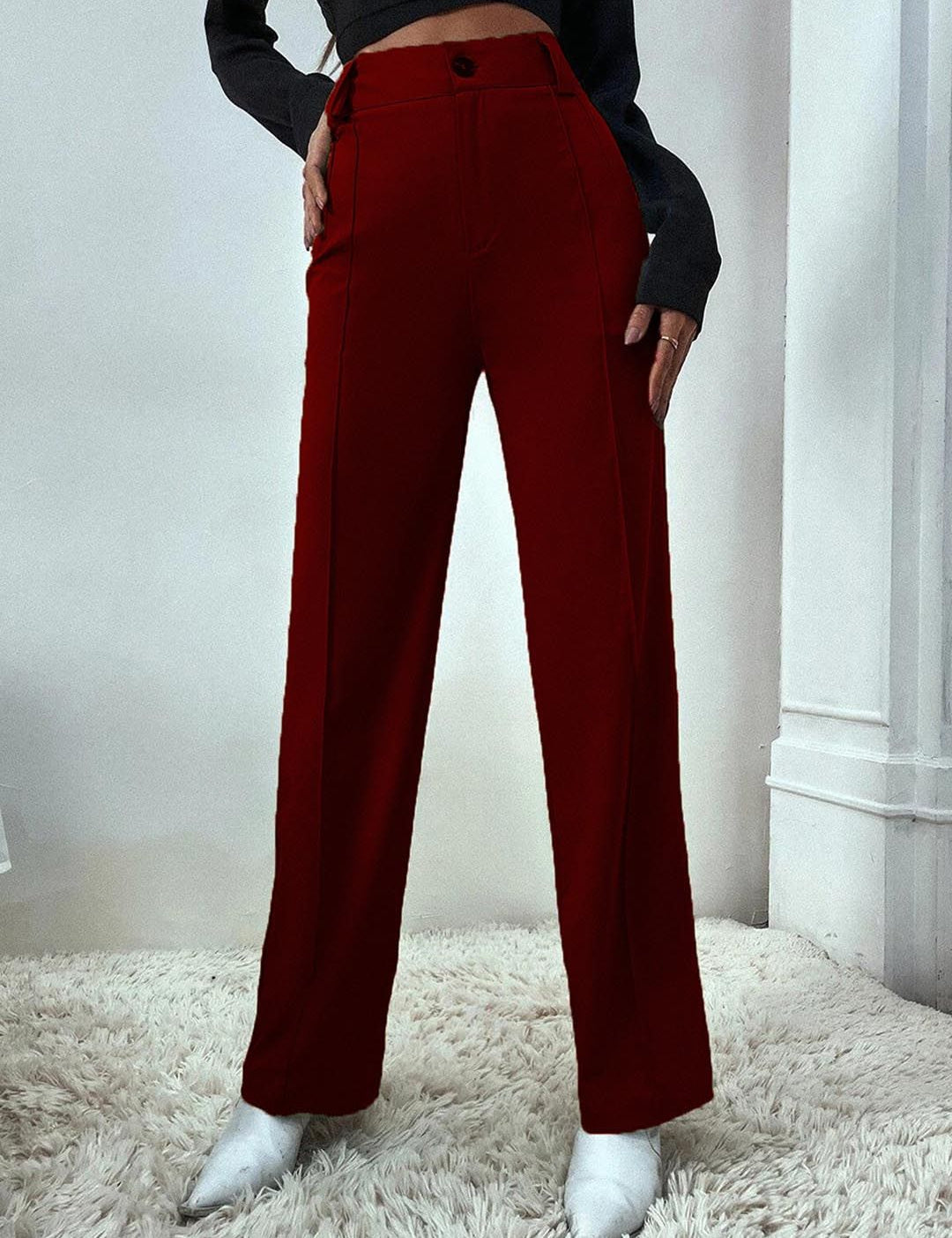 KOTTY BIZwear Women Relaxed Straight Fit High-Rise Easy Wash Pleated Parallel Trouser