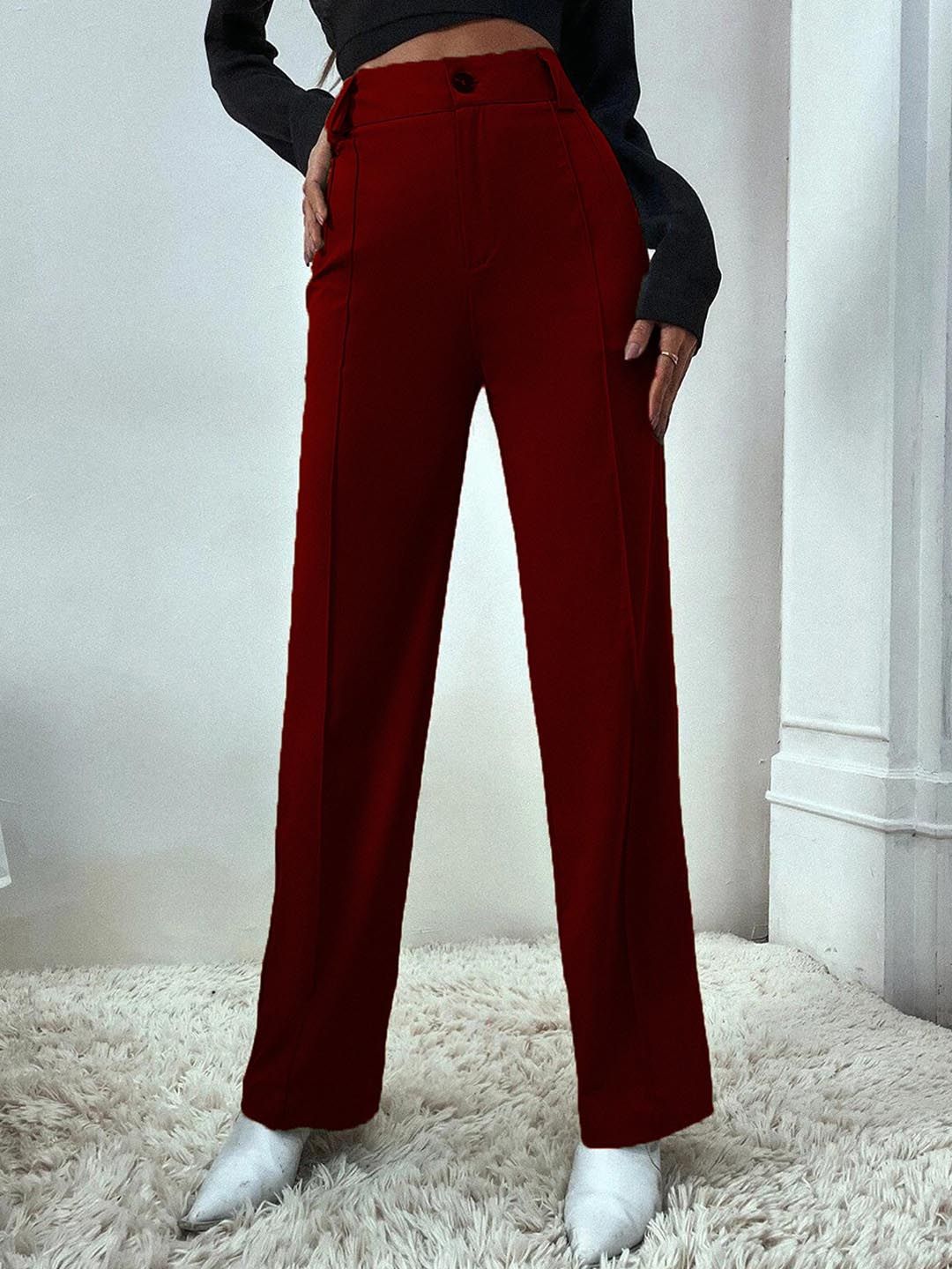 KOTTY BIZwear Women Relaxed Straight Fit High-Rise Easy Wash Pleated Parallel Trouser